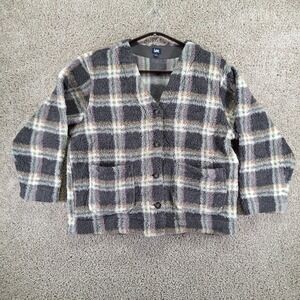 Lee Cardigan Sweater Women XL Gray Plaid Sherpa Fleece Button Up Cozy Gorpcore